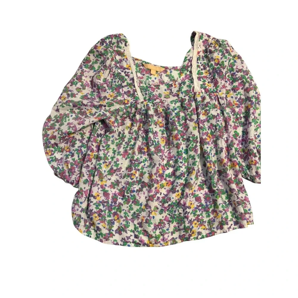 Hope & Harlow Floral Babydoll Top Womens Medium Multi-Color Lace Square Neck 3/4